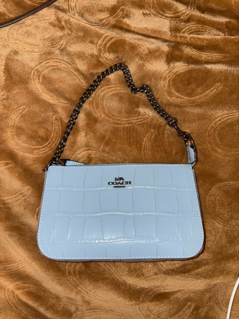 COACH Light Blue Croc-Embossed Leather Wristlet with Chain